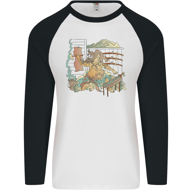 Katana Blacksmith Japanese Samurai Sword Mens L/S Baseball T-Shirt White/Black