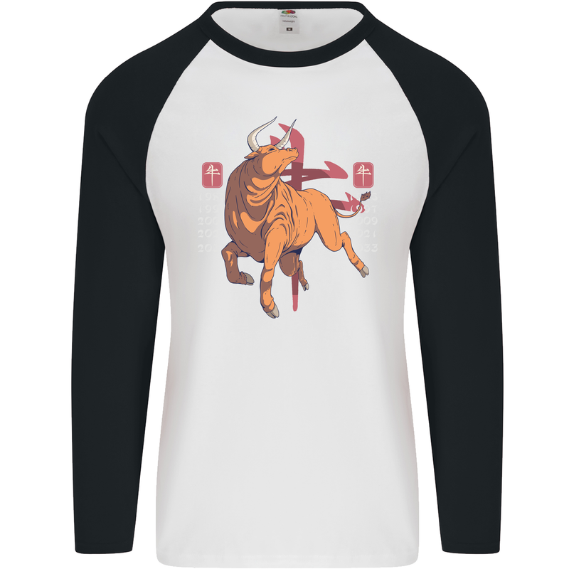 Chinese Zodiac Shengxiao Year of the Ox Mens L/S Baseball T-Shirt White/Black