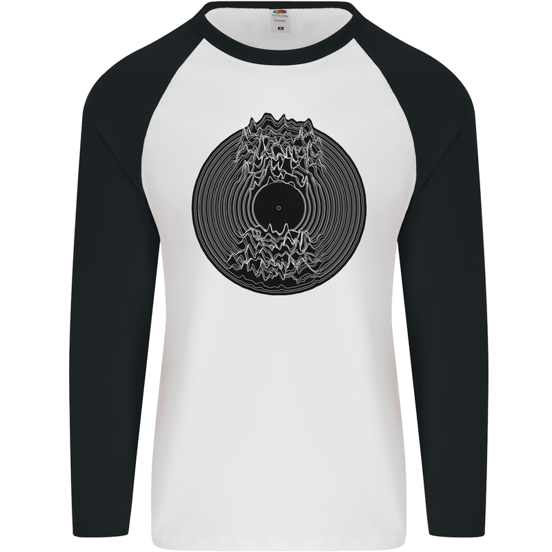 Vinyl Music Sound Waves Turntable Decks DJ Mens L/S Baseball T-Shirt White/Black