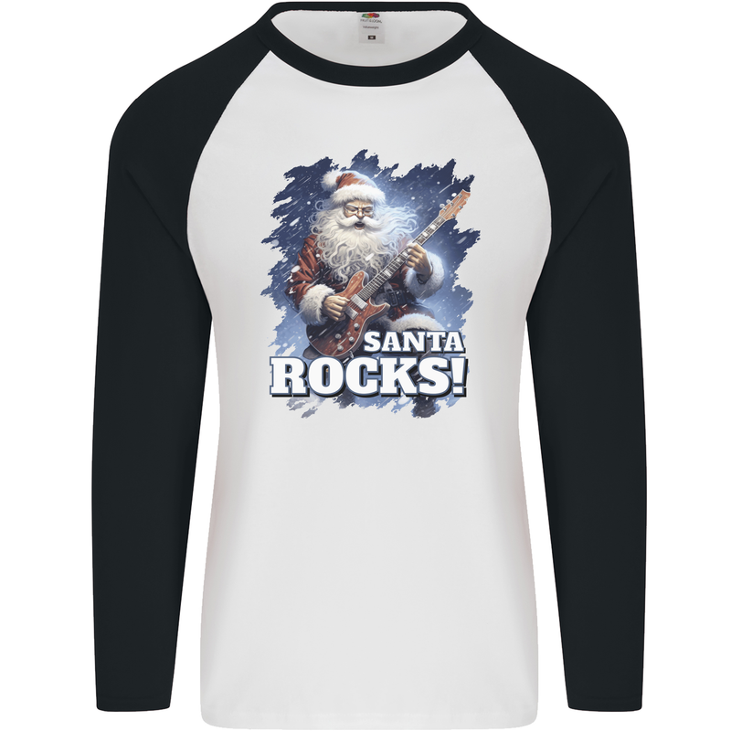 Santa Rocks Christmas Guitar Music Heavy Metal Mens L/S Baseball T-Shirt White/Black