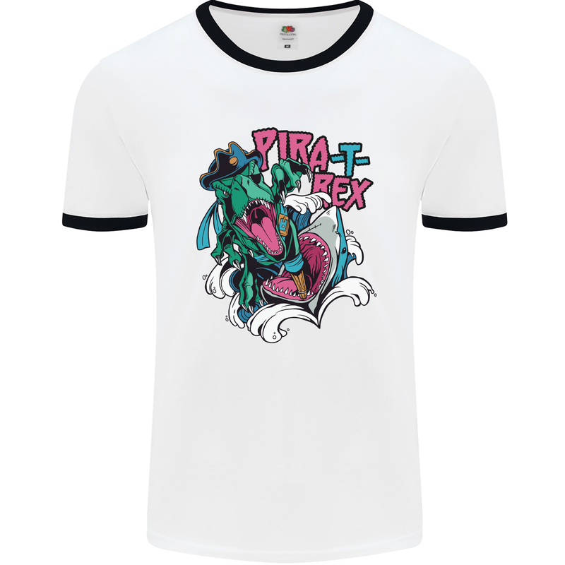 Pirate T-Rex Funny Dinosaur Mens Ringer T-Shirt White/Black