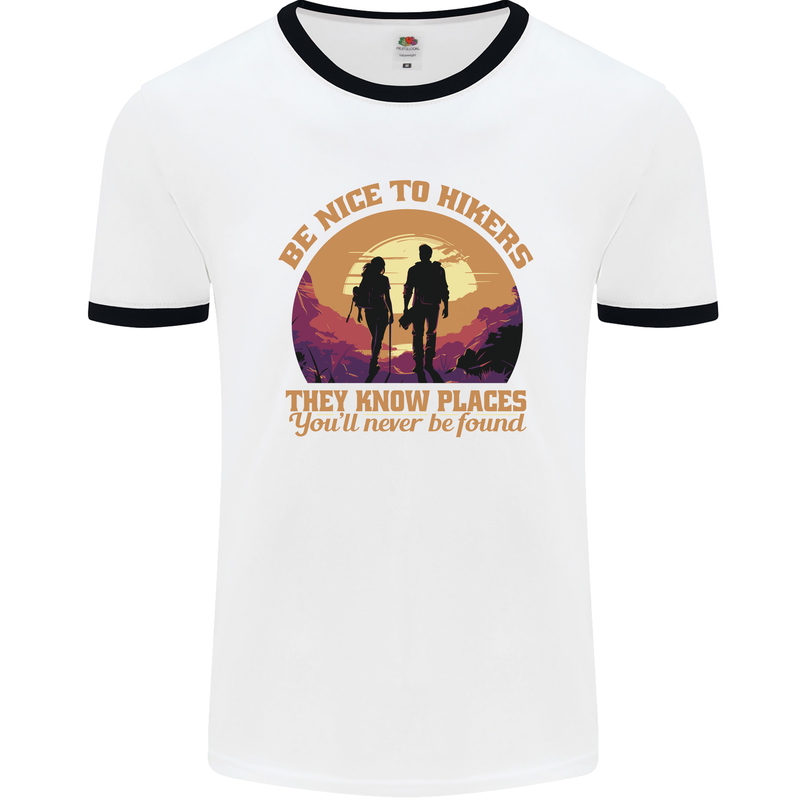 Be Nice to Hikers Funny Hiking Mountains Mens Ringer T-Shirt White/Black