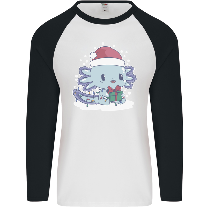 Cute Christmas Axoloti Wearing a Chirstmas Hat Xmas Mens L/S Baseball T-Shirt White/Black