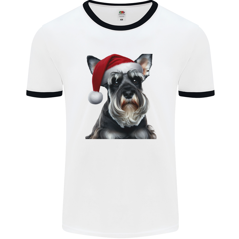 Christmas Schnauzer Dog Xmas Hat Mens Ringer T-Shirt White/Black