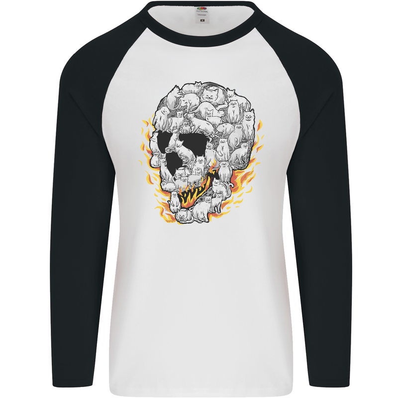 Fire Skull Made of Cats Mens L/S Baseball T-Shirt White/Black