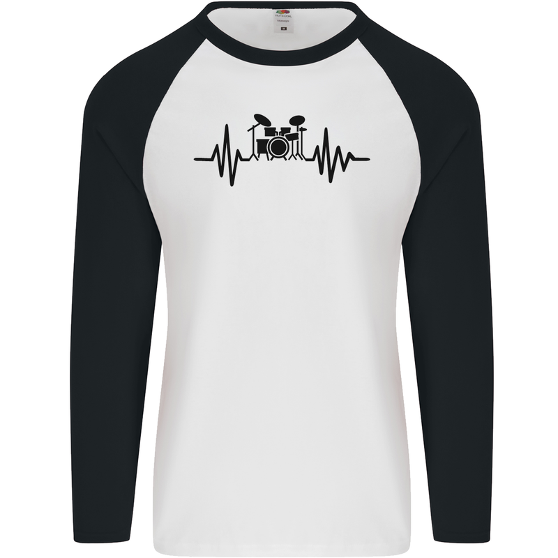 Drum Kit Pulse ECG Drummer Drumming Drum Mens L/S Baseball T-Shirt White/Black