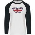 Union Jack Butterfly British Britain Flag Mens L/S Baseball T-Shirt White/Black