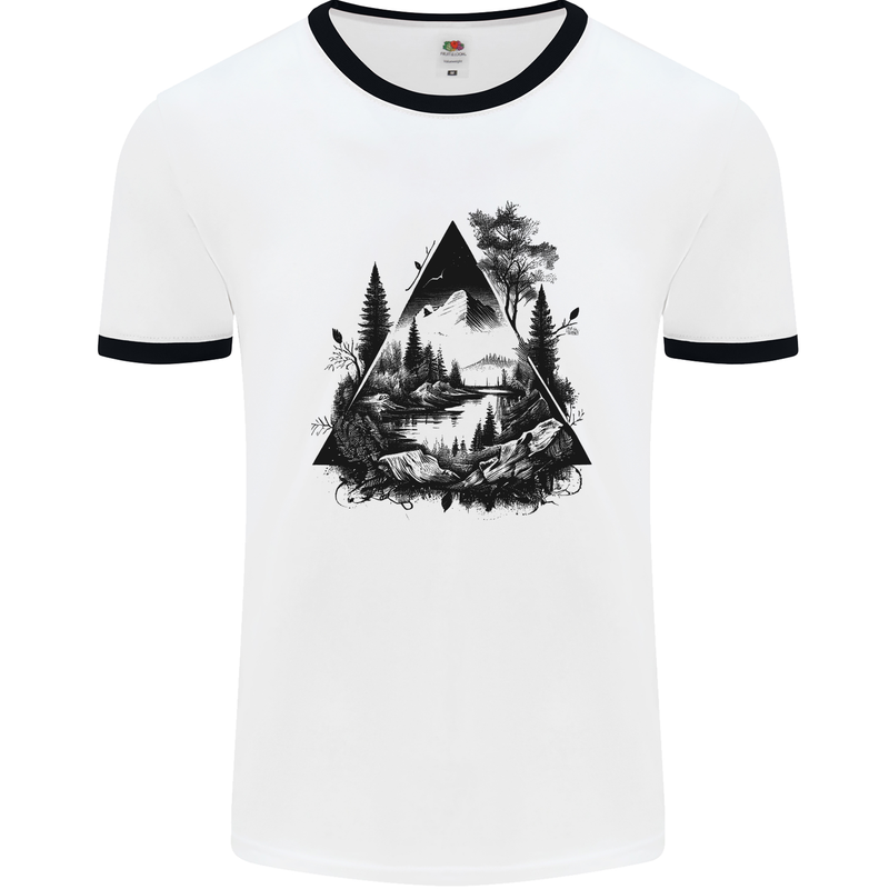 Abstract Outdoors Camping Bushcraft Hiking Trekking Mens Ringer T-Shirt White/Black