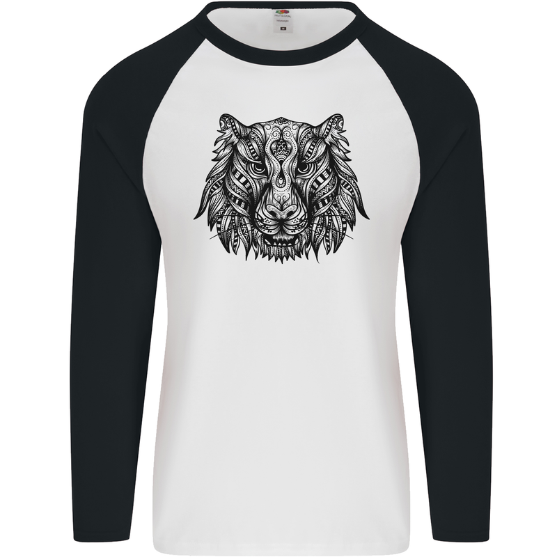 Mandala Art Tiger Mens L/S Baseball T-Shirt White/Black