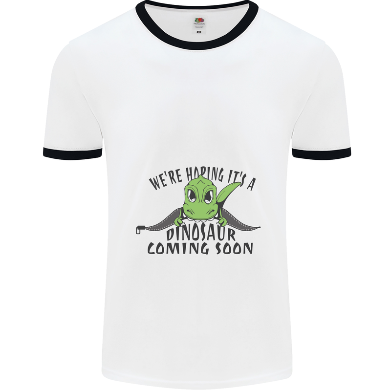 Dinosaur Coming Soon New Baby Pregnancy Pregnant Mens Ringer T-Shirt White/Black