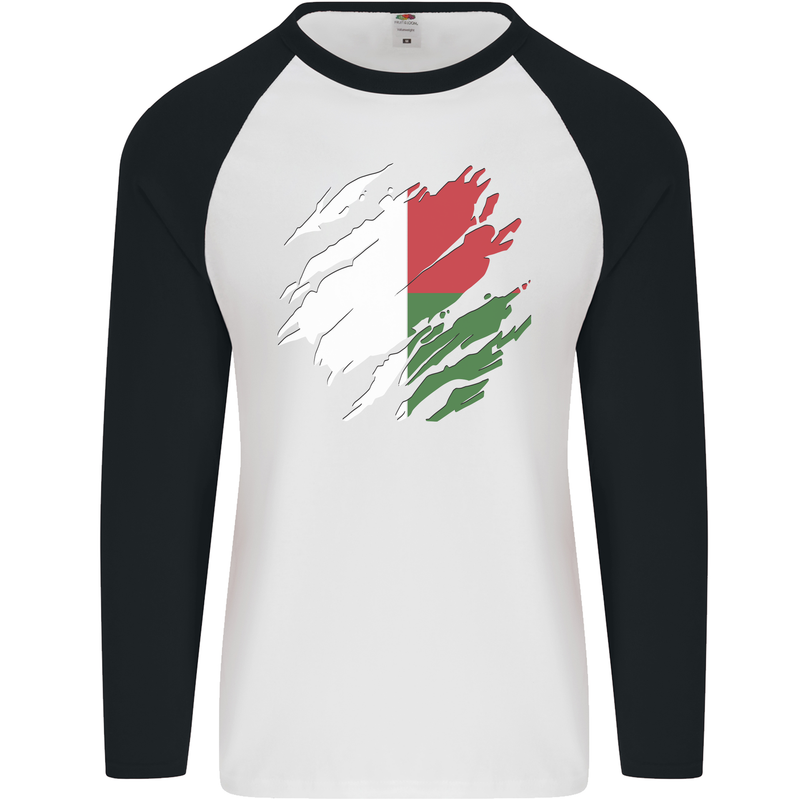 Torn Madagascar Flag Madagascan Day Football Mens L/S Baseball T-Shirt White/Black