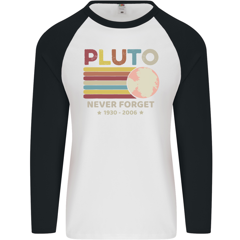 Pluto Never Forget Space Astronomy Planet Mens L/S Baseball T-Shirt White/Black