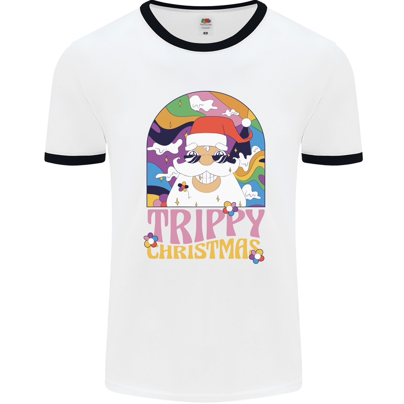Trippy Christmas LSD Santa Magic Mushrooms Xmas Mens Ringer T-Shirt White/Black