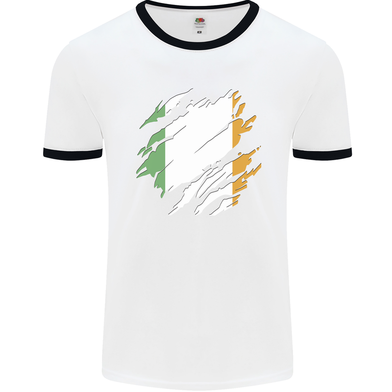 Torn Ireland Flag Irish St Patricks Day Football Mens Ringer T-Shirt White/Black