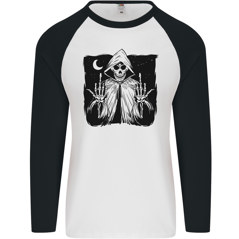 Grim Reaper Finger Flip Skull Biker Funny Mens L/S Baseball T-Shirt White/Black