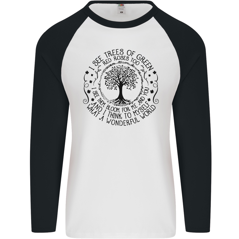 Trees What a Wonderful World Environment Mens L/S Baseball T-Shirt White/Black
