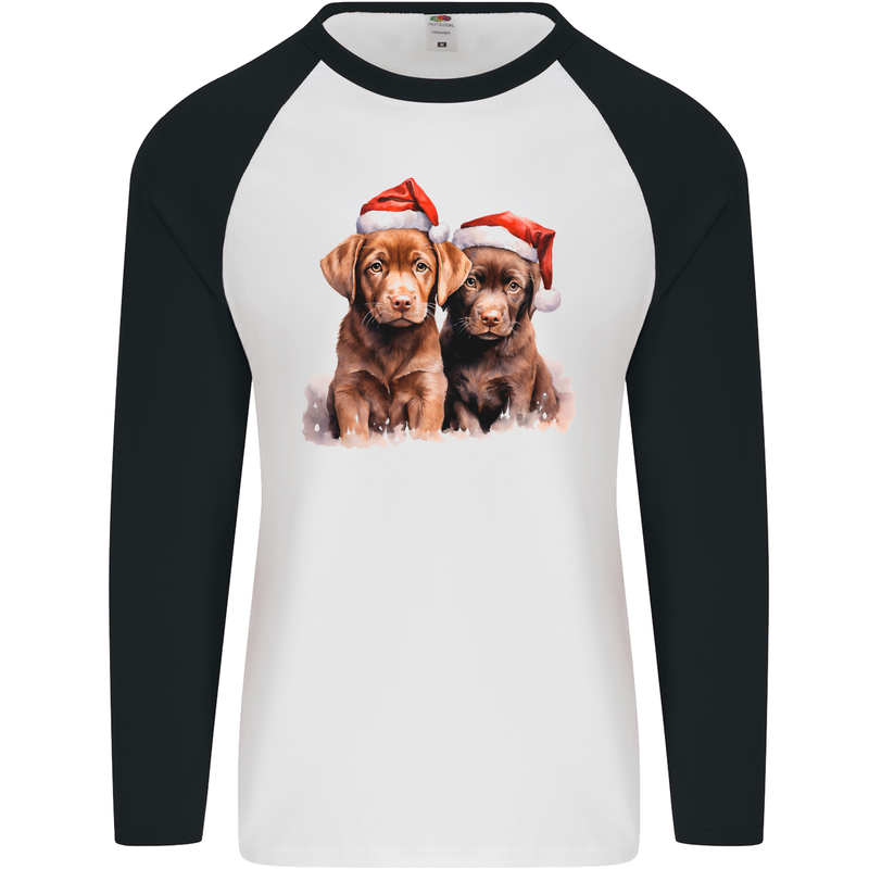 Chocolate Labrador Christmas Puppies Xmas Mens L/S Baseball T-Shirt White/Black