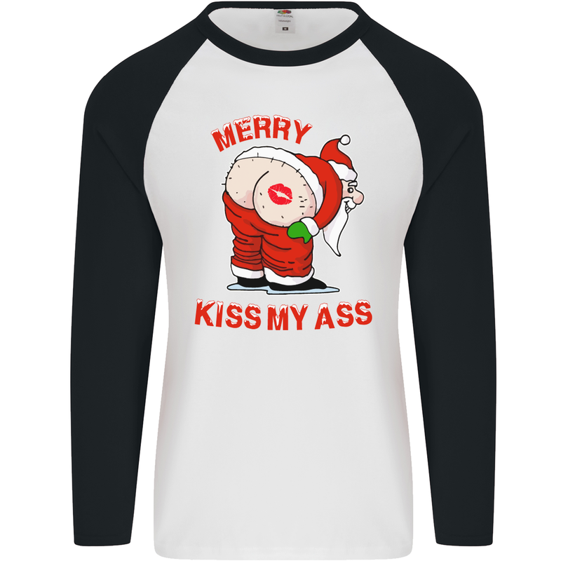 Merry Kiss My Ass Funny Christmas Mens L/S Baseball T-Shirt White/Black