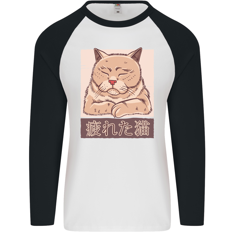 A Tired Cat Mens L/S Baseball T-Shirt White/Black