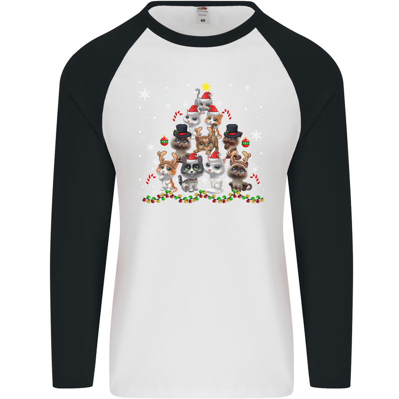 Christmas Cat Tree Funny Xmas Mens L/S Baseball T-Shirt White/Black