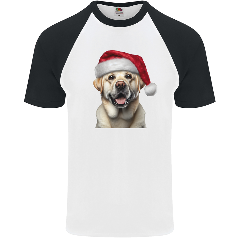 Christmas Golden Labrador Dog Xmas Hat Mens S/S Baseball T-Shirt White/Black