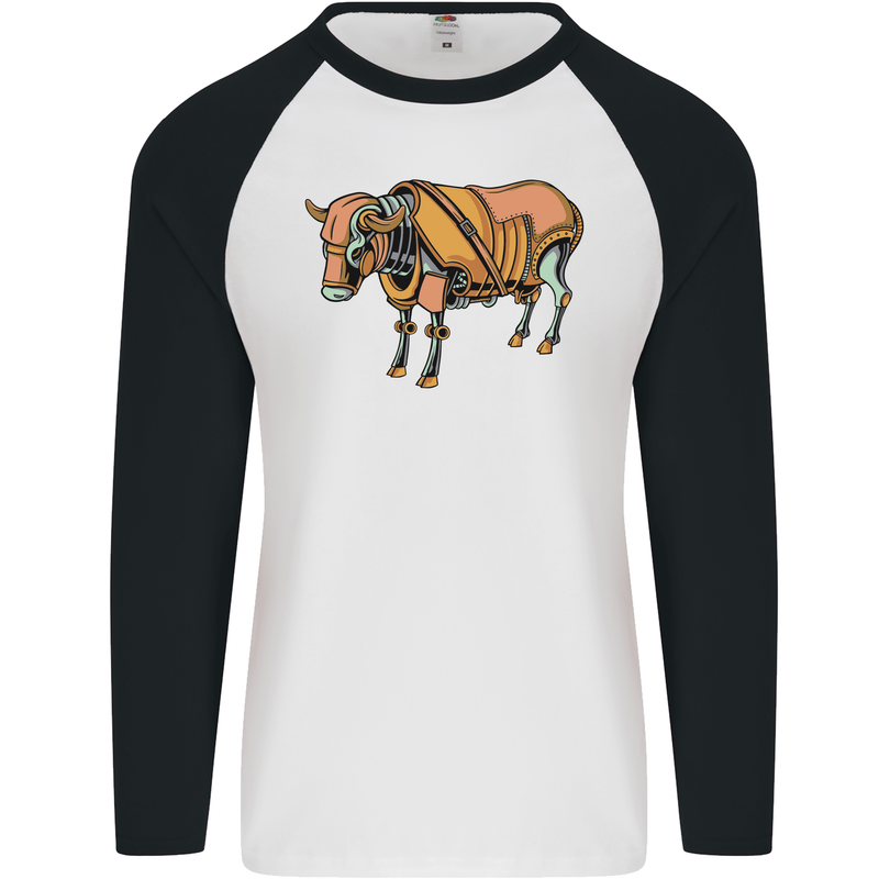 A Steampunk Bull Mens L/S Baseball T-Shirt White/Black