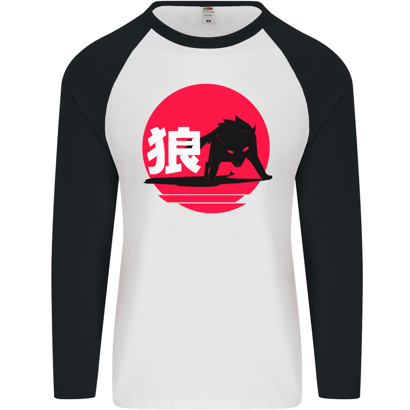Japanese Wolf Japan Mens L/S Baseball T-Shirt White/Black