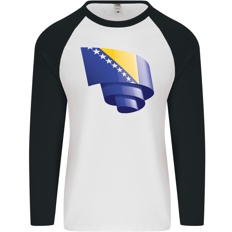 Curled Bosnia and Herzegovina Flag Day Football Mens L/S Baseball T-Shirt White/Black