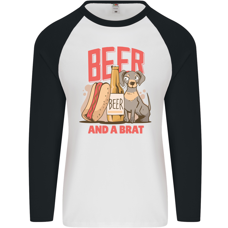 Beer and a Brat Funny Dog Alcohol Hotdog Mens L/S Baseball T-Shirt White/Black