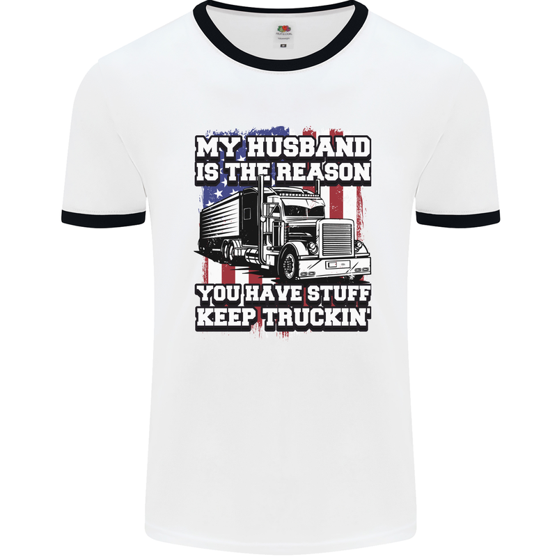 Truck Driver Funny USA Flag Lorry Driver Mens Ringer T-Shirt White/Black