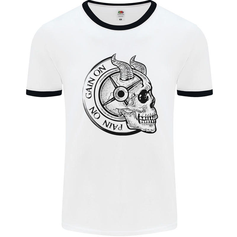 No Pain No Gain Devil Skull Gym Training Mens Ringer T-Shirt White/Black