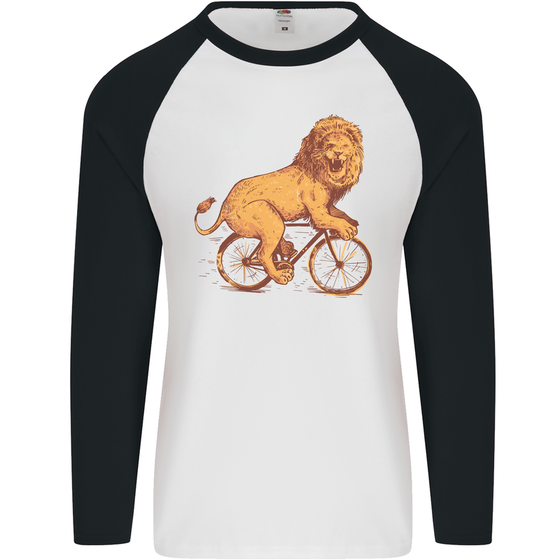 Cycling A Lion Riding a Bicycle Mens L/S Baseball T-Shirt White/Black