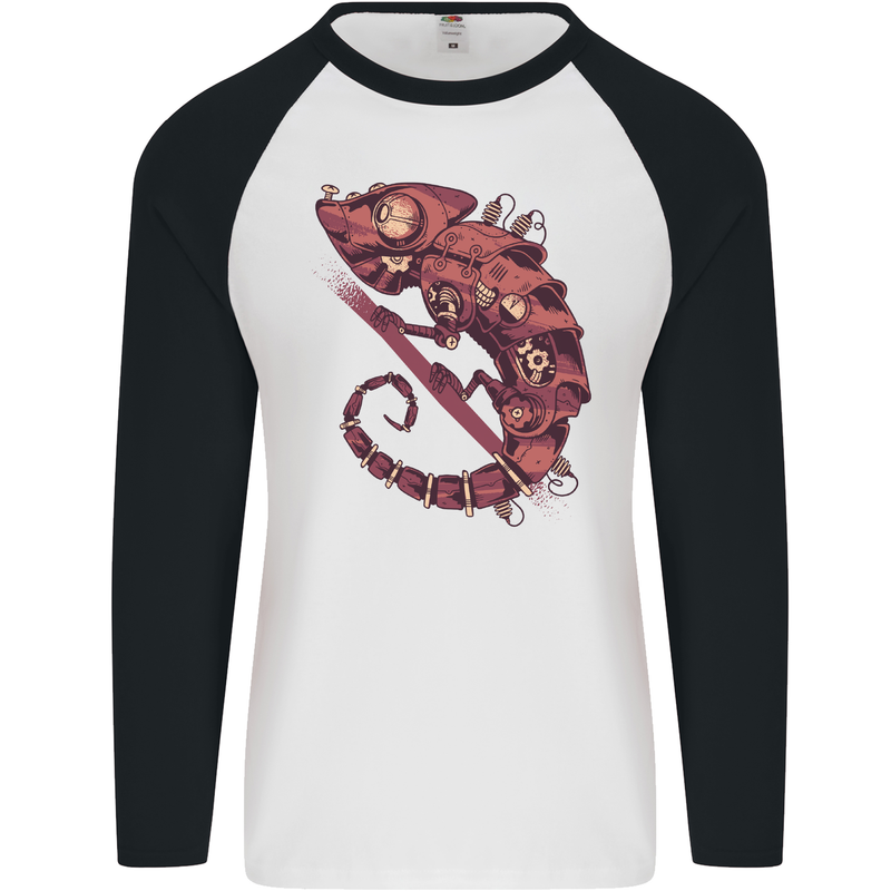 Steampunk Chameleon Iguana Reptile Lizard Mens L/S Baseball T-Shirt White/Black