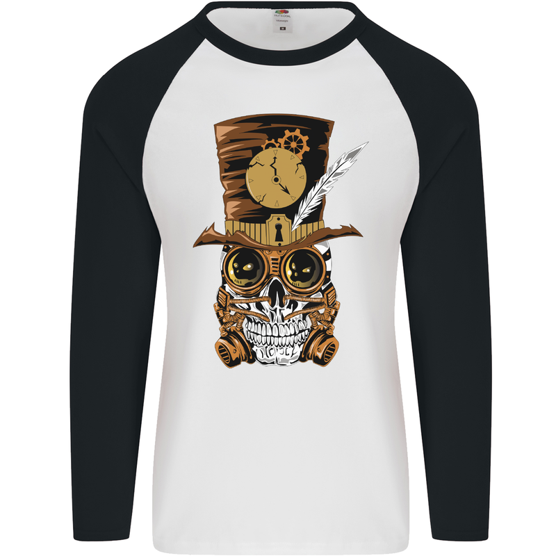 Steampunk Skull Mens L/S Baseball T-Shirt White/Black