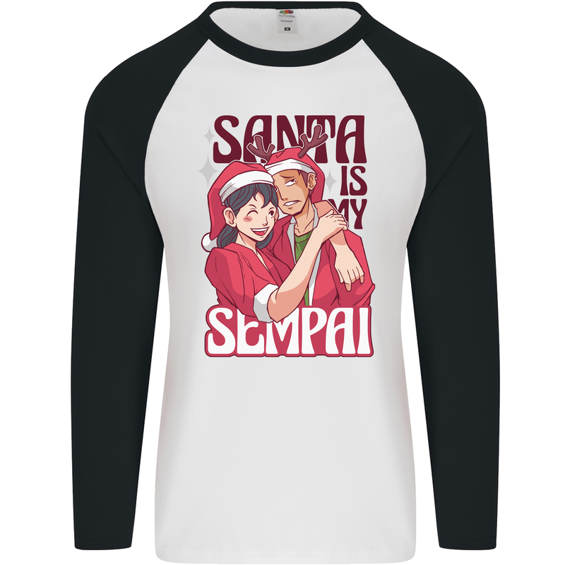 Santa is My Sempai Funny Anime Christmas Xmas Mens L/S Baseball T-Shirt White/Black