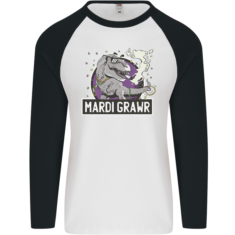 Funny T-Rex Mardi Gras Grawr Dinosaur Mens L/S Baseball T-Shirt White/Black