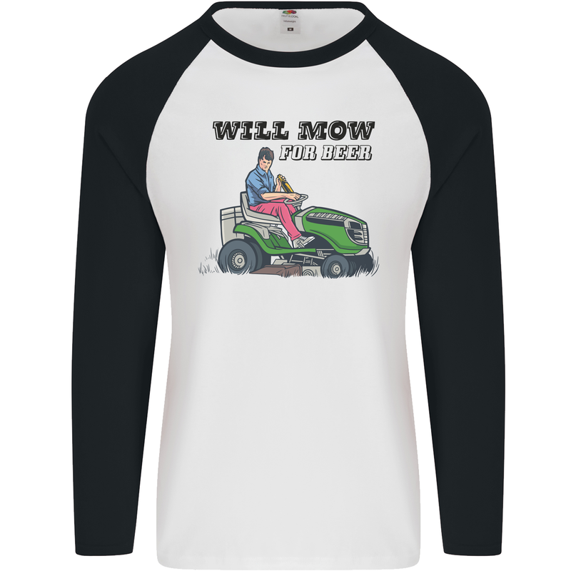 Will Mo the Lawn For Beer Funny Alcohol Mens L/S Baseball T-Shirt White/Black