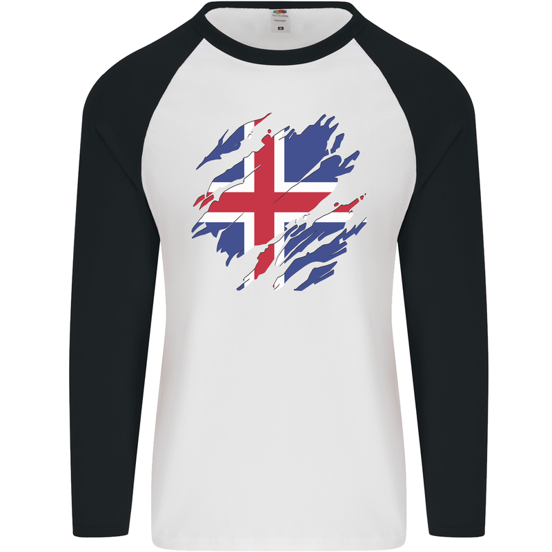 Torn Iceland Flag Icelander Day Football Mens L/S Baseball T-Shirt White/Black