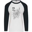 Butterfly & Flowers Mens L/S Baseball T-Shirt White/Black