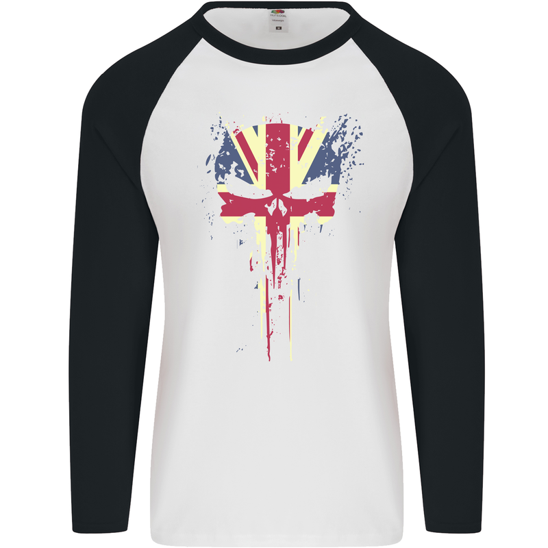 Union Jack Skull Gym St. George's Day Mens L/S Baseball T-Shirt White/Black