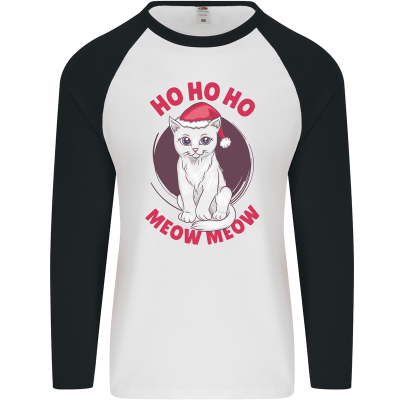 HO HO HO Funny Christmas Cat Xmas Meow Mens L/S Baseball T-Shirt White/Black