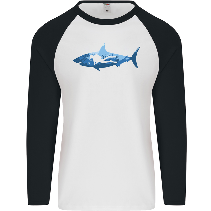 Great White Shark Scuba Diver Diving Mens L/S Baseball T-Shirt White/Black