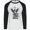 St. Michael Killing the Devil Christian God Mens L/S Baseball T-Shirt White/Black