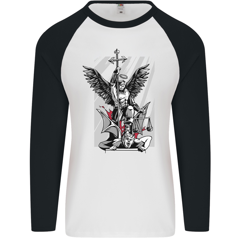 St. Michael Killing the Devil Christian God Mens L/S Baseball T-Shirt White/Black