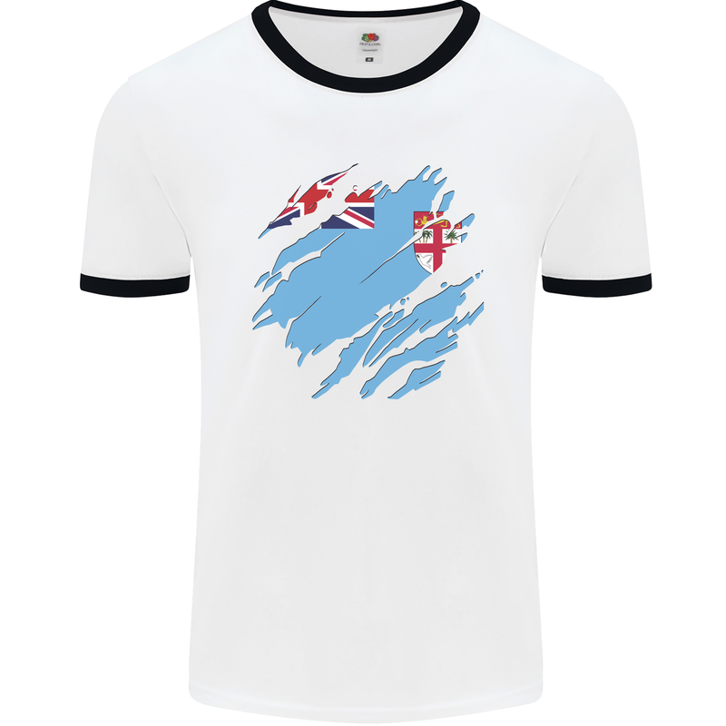 Torn Fiji Flag Fijian Day Football Mens Ringer T-Shirt White/Black