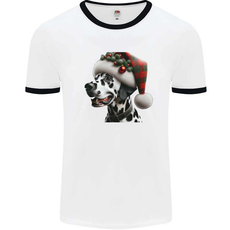 Christmas Dalmatian Dog Wearing a Xmas Hat Mens Ringer T-Shirt White/Black