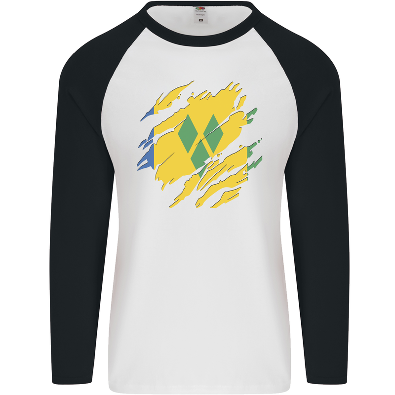 Torn Saint Vincent and Grenadines Flag Football Mens L/S Baseball T-Shirt White/Black