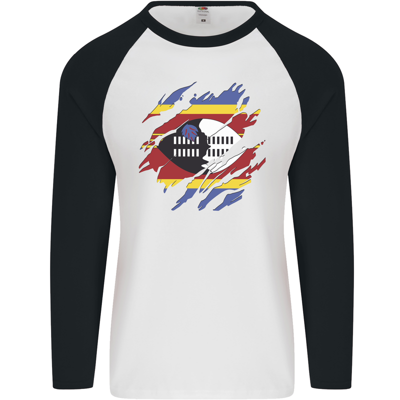 Torn Swaziland Flag Swazi Day Football Mens L/S Baseball T-Shirt White/Black