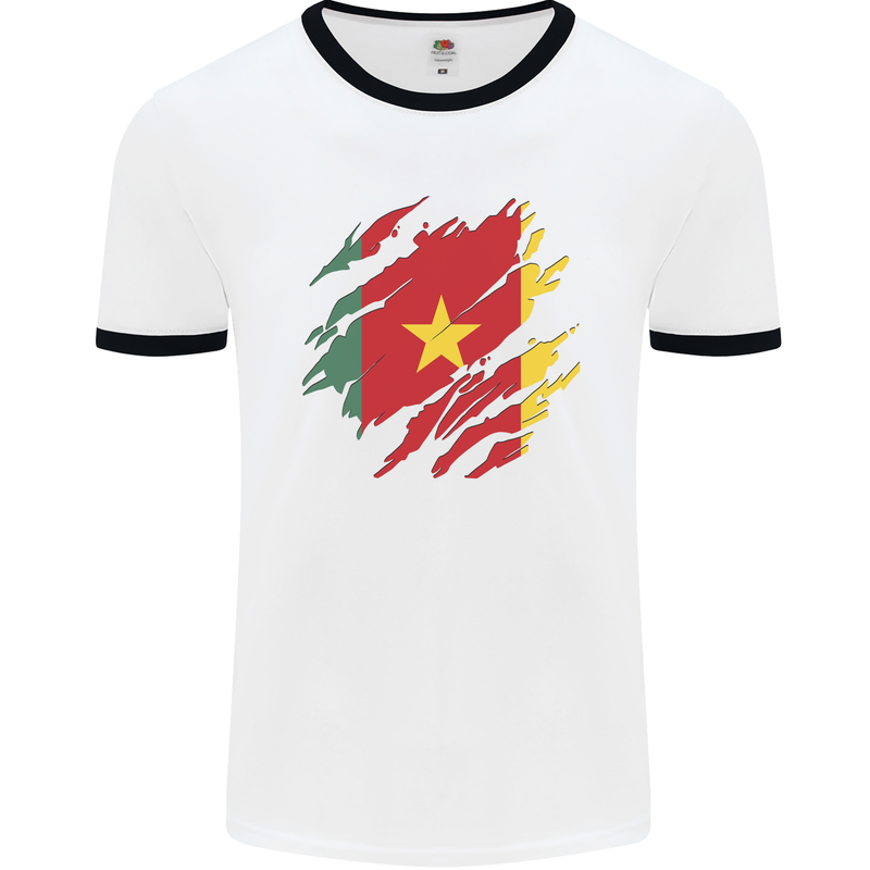 Torn Cameroon Flag Cameroonian Day Football Mens Ringer T-Shirt White/Black