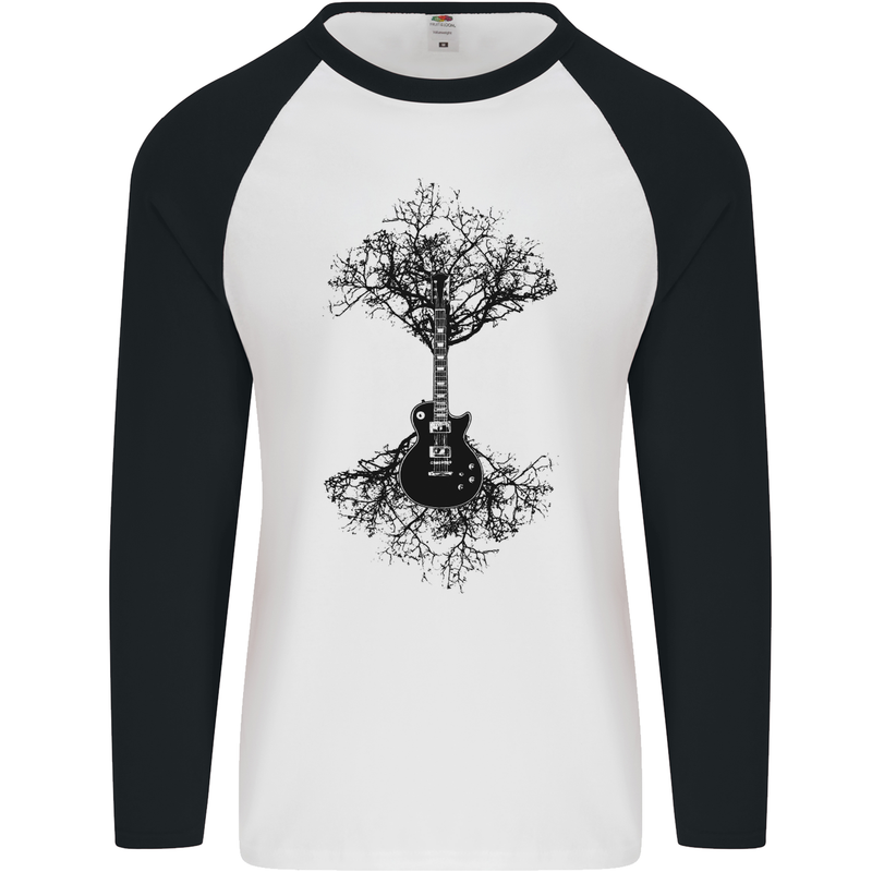 Electric Guitar Tree & Roots Guitarist Mens L/S Baseball T-Shirt White/Black